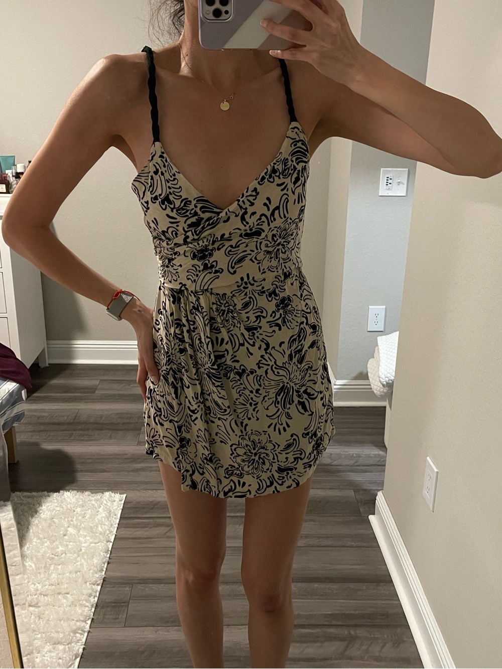 Zara Beige Mini Dress with Black Floral Print